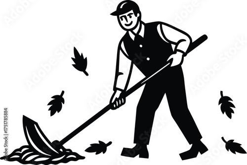 Smiling worker raking autumn leaves outdoor cleanup concept for Labor Day