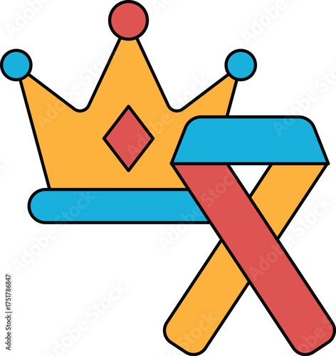 A black and white drawing of a crown and ribbon