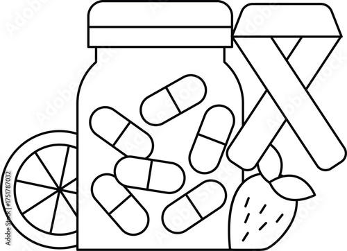 A jar of pills is next to a strawberry and an orange