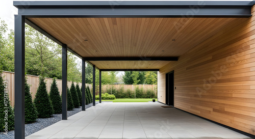 Stunning modern patio with wood ceiling and garden view landscape
