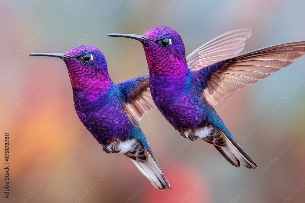 Naklejka premium Two vibrant hummingbirds in midair with wings in graceful flight