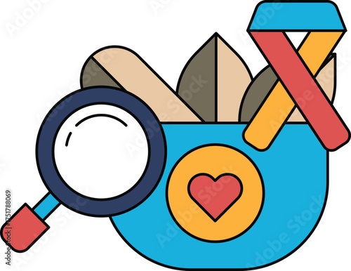 A black and white drawing of a magnifying glass, a heart, and a leaf