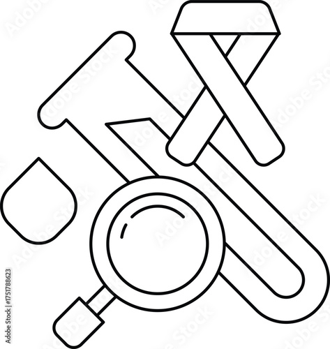 A black and white drawing of a microscope, a blood sample, and a cancer ribbon
