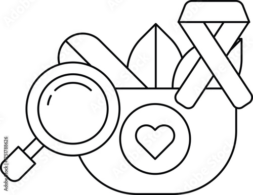 A black and white drawing of a magnifying glass, a heart, and a leaf