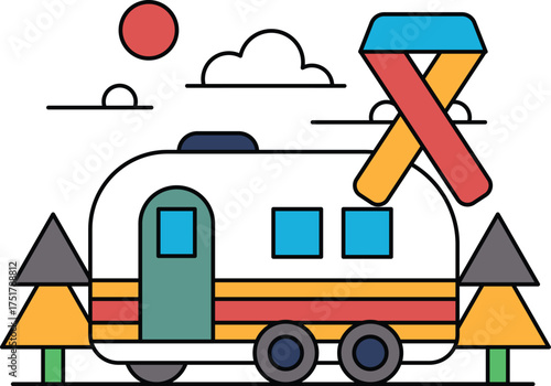 A black and white drawing of a camper van with a ribbon on it