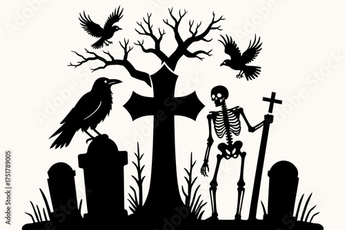 Halloween graveyard scene with crows skeleton tombstone tree and cross vector illustration silhouette design vector illustration