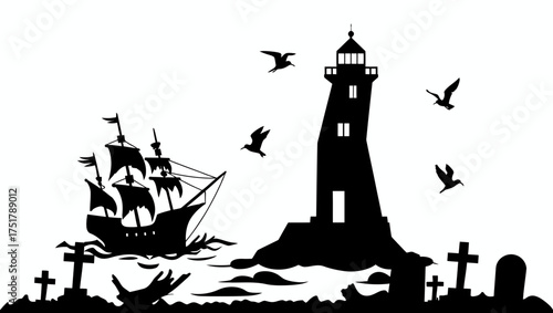 Silhouette lighthouse ship graveyard birds spooky sea ocean scene vector illustration graphic design artwork vector illustration