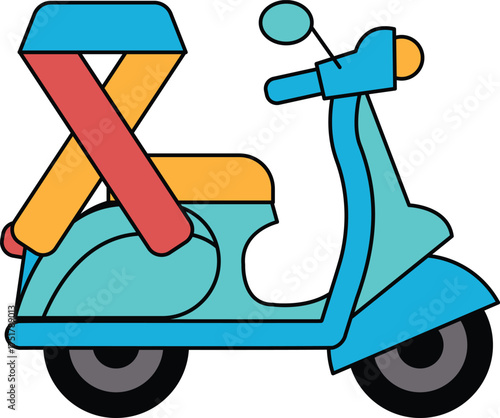 A black and white drawing of a scooter with a red ribbon tied to the handlebars