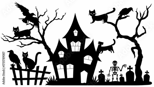 Halloween haunted house silhouette with cats ravens skeleton and tombstones spooky night scene vector illustration vector illustration