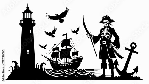 Pirate skeleton ship lighthouse sea ocean anchor birds sailing adventure treasure island vector illustration vector illustration