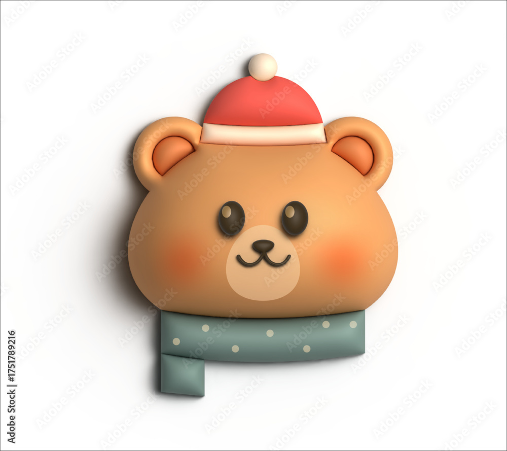 Fototapeta premium 3D Christmas Teddy bear with Santa Claus hat and Scarf isolated in White Background