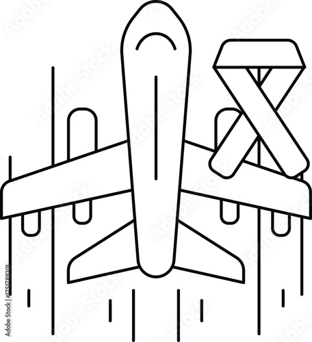 A black and white drawing of an airplane with a ribbon on the tail