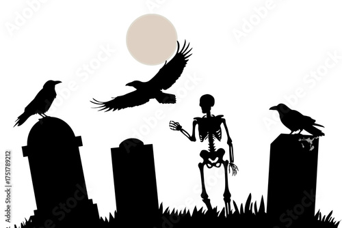 Halloween graveyard scene with skeleton, moon, crows, tombstones and spooky silhouette illustration vector illustration