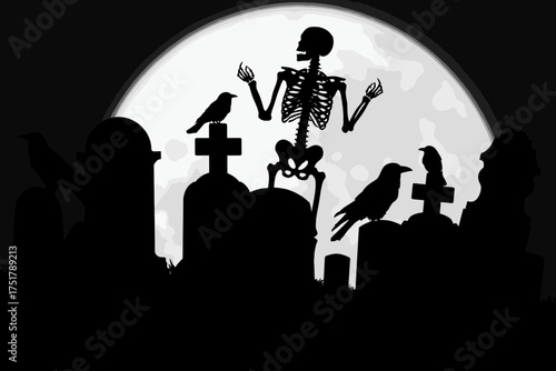 Halloween graveyard skeleton crow tombstone spooky night silhouette creepy october scary horror dark scene vector illustration