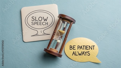 Hourglass and speech bubbles with motivational words on surface