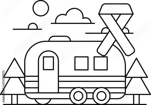 A black and white drawing of a camper van with a ribbon on it