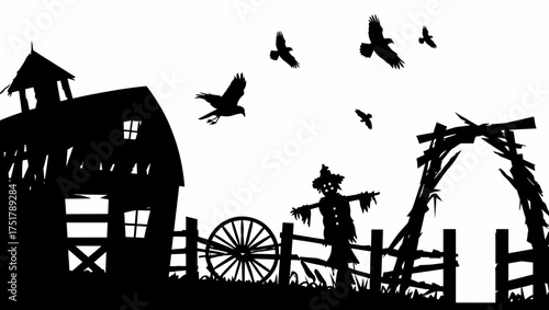 Silhouette barn scarecrow birds halloween autumn farm spooky rural harvest thanksgiving fall countryside vector illustration