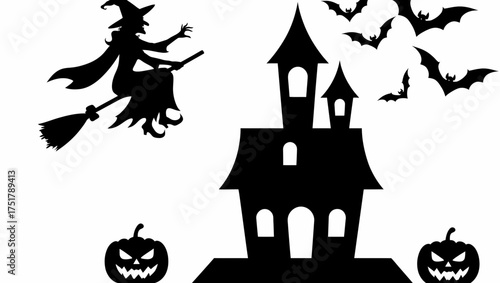 Silhouette halloween witch haunted house bats pumpkins spooky october celebration clip art vector design vector illustration