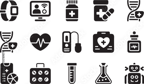 Collection of medical and healthcare icons depicting technology and scientific advancements