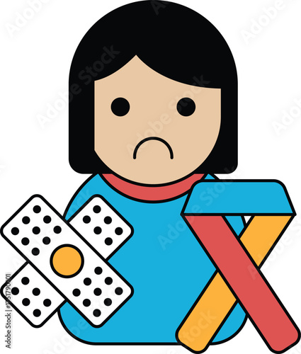 A girl is holding a bandage and a ribbon