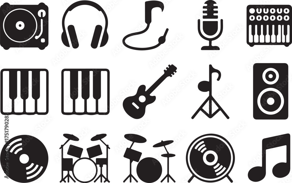 Fototapeta premium Collection of music instruments and elements illustrated in simple black and white style
