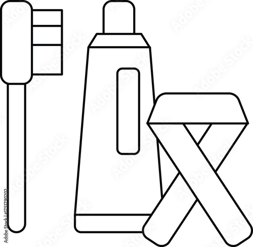 A toothbrush, toothpaste, and a chair are shown in a black and white drawing