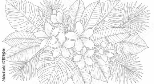 Exquisite Tropical Flower and Leaf Illustration for Coloring Pages and Artistic Projects