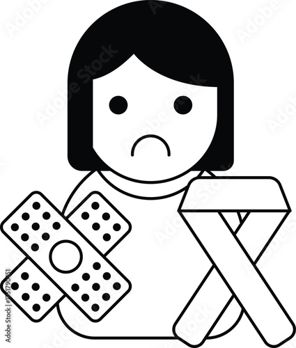 A girl is holding a bandage and a ribbon