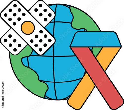 A bandage is on a globe with a cross on it