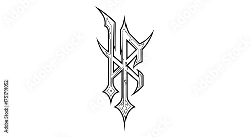 Elaborate gothic monogram featuring intertwined initials in a sharp, metallic style. A fantasy-inspired emblem or symbol, perfect for a logo or tattoo design, isolated on a white background
