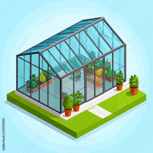 Isometric 3D Vector Illustration of a Modern Greenhouse with Plants and Flowers