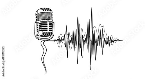 Conceptual illustration of a vintage microphone and its corresponding audio waveform, representing broadcasting, podcasting, or recording