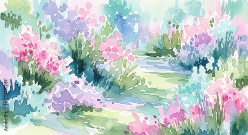 Fototapeta Naklejka Na Ścianę i Meble -  A vibrant watercolor painting of a garden with pink and purple flowers, green grass, and a winding path leading through the scene.