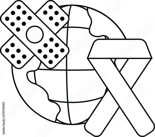 A bandage is on a globe with a cross on it