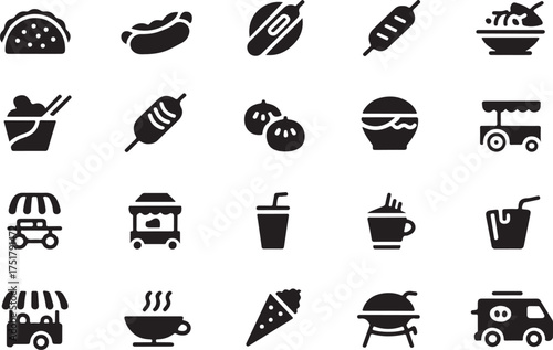 Set of vector food icons illustrating various popular fast food restaurant choices
