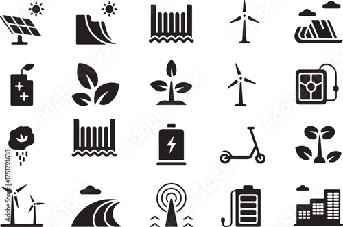 Sustainable energy and green technology vector icon set for environmental protection