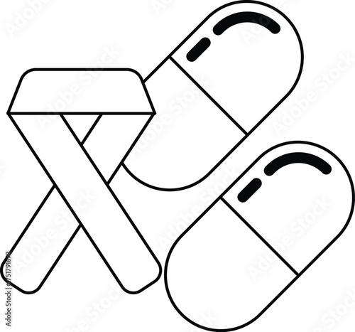 A pill and a ribbon are shown in a black and white drawing