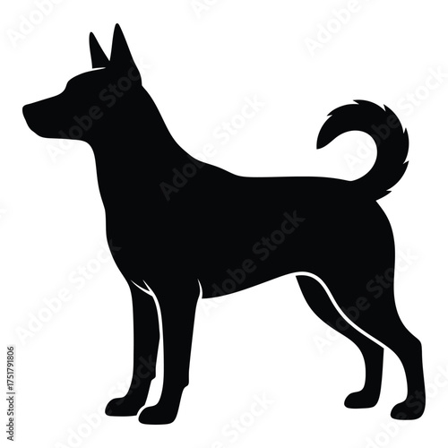 Silhouette of a standing dog facing left elegant canine profile silhouette graphic art silhouette
