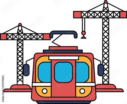 A train is shown with two cranes in the background