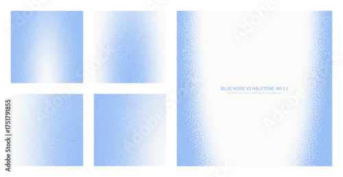 Assorted vector blue noise halftone pattern set in square 1:1 aspect ratio including elliptical frame and various smooth blurred textures. Different half tone grainy texture design elements collection
