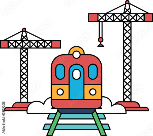 A train is on a track next to two cranes
