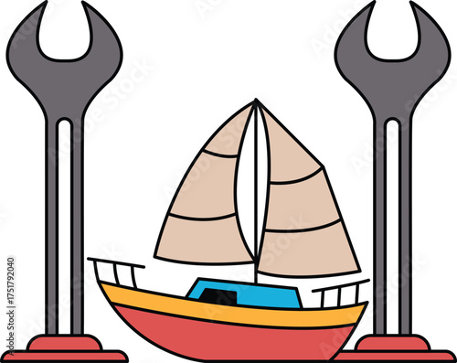 A black and white drawing of a boat with a sail and two large mechanical tools