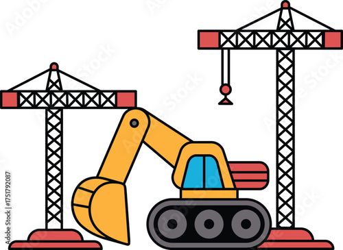 A black and white drawing of a construction site with a large crane