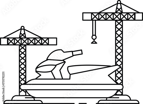 A black and white drawing of a boat with a jet ski on it
