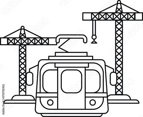 A train is shown with two cranes in the background