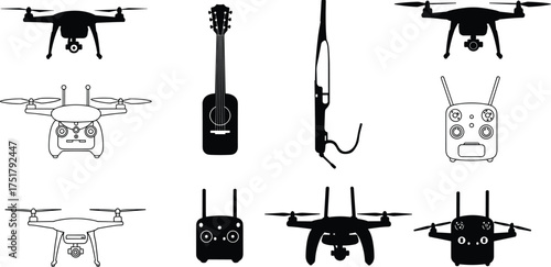 Black and white silhouette vector illustration of drones, remote controllers, guitar, and musical instrument, isolated technology and music concept