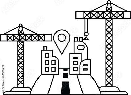 A city skyline with a large crane in the background