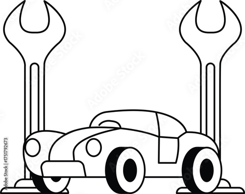 A car is parked next to a set of wrenches