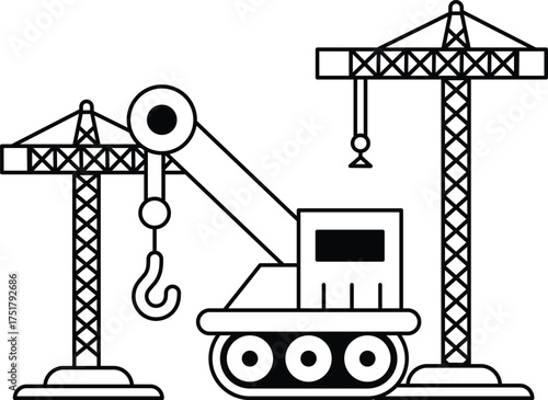 A black and white drawing of a crane and a crane truck