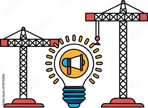 A construction site with two cranes and a light bulb